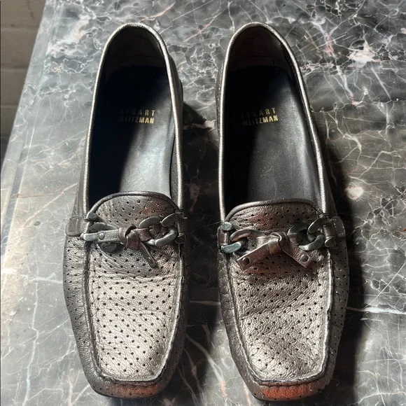 Stuart Weitzman Brown Perforated Leather Slip-On Loafers - Picture 2 of 7